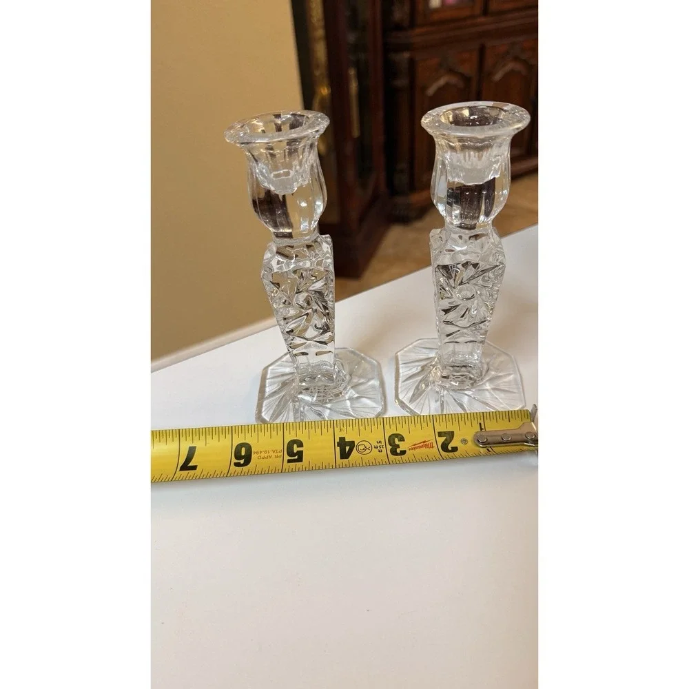 Vintage Cut Crystal Glass Candlestick Holders Set of 2 Starburst‎ Octagon